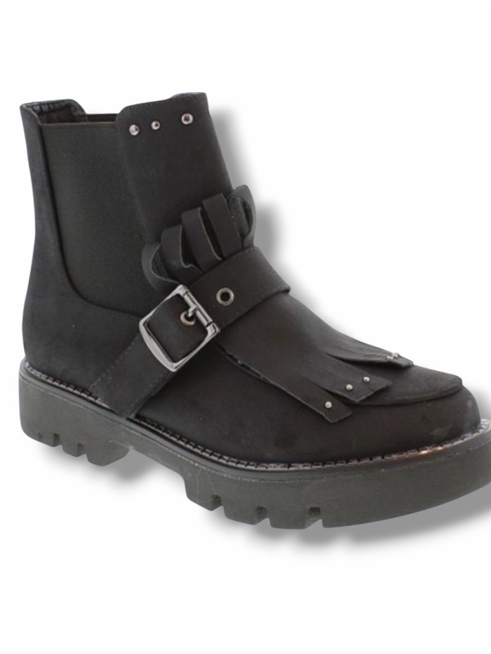 Black Kiltie Fringe Buckle Lug Sole Chelsea Ankle Boots Size 8 NWT
